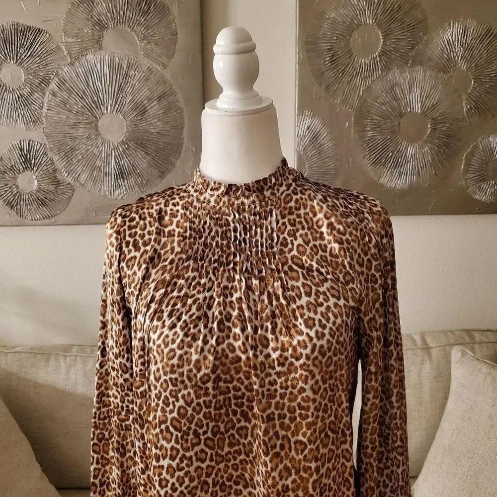 🌹 J. CREW 🌹 Ruffleneck Drapey Leopard Print Satin Blouse - [Size XS]